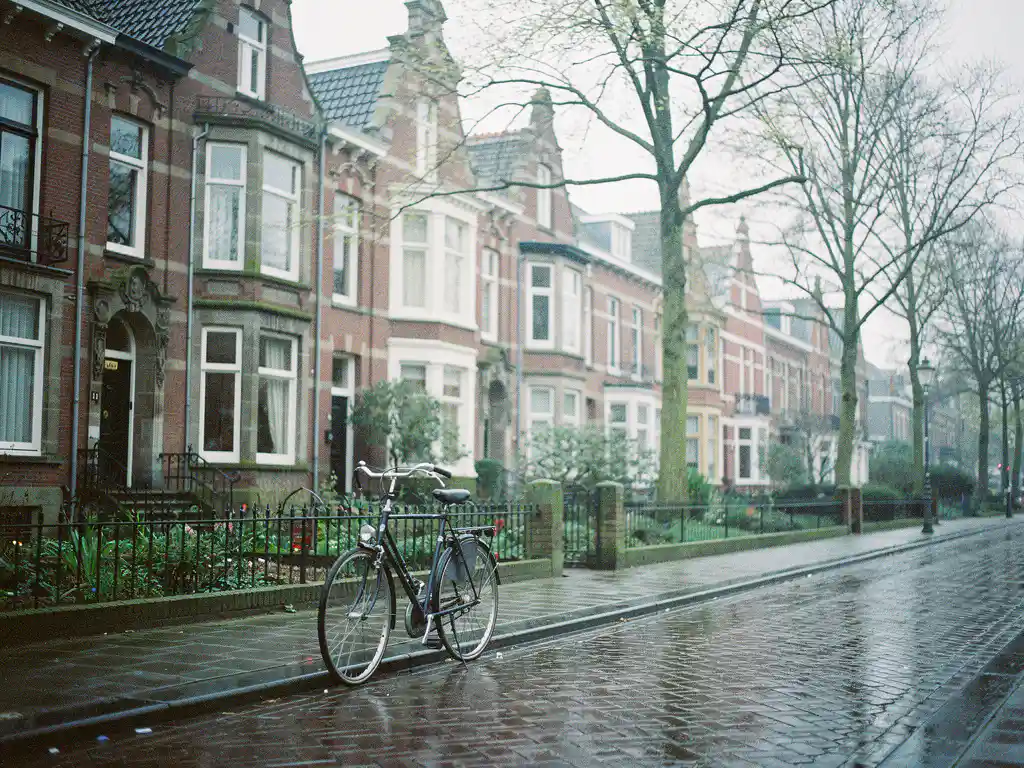 Brede Rotterdamse laan met bakstenen herenhuizen, erkers en siergevels, fiets tegen tuinhek, natte kinderkopjes onder bewolkte voorjaarslucht.