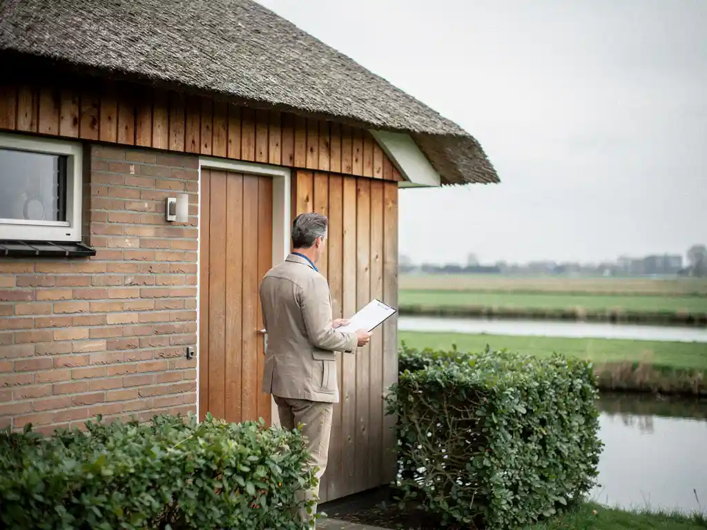 Taxateur met klembord bij voordeur van jaren 70 rieten woning in Reeuwijk, met polderwater zichtbaar op de achtergrond.