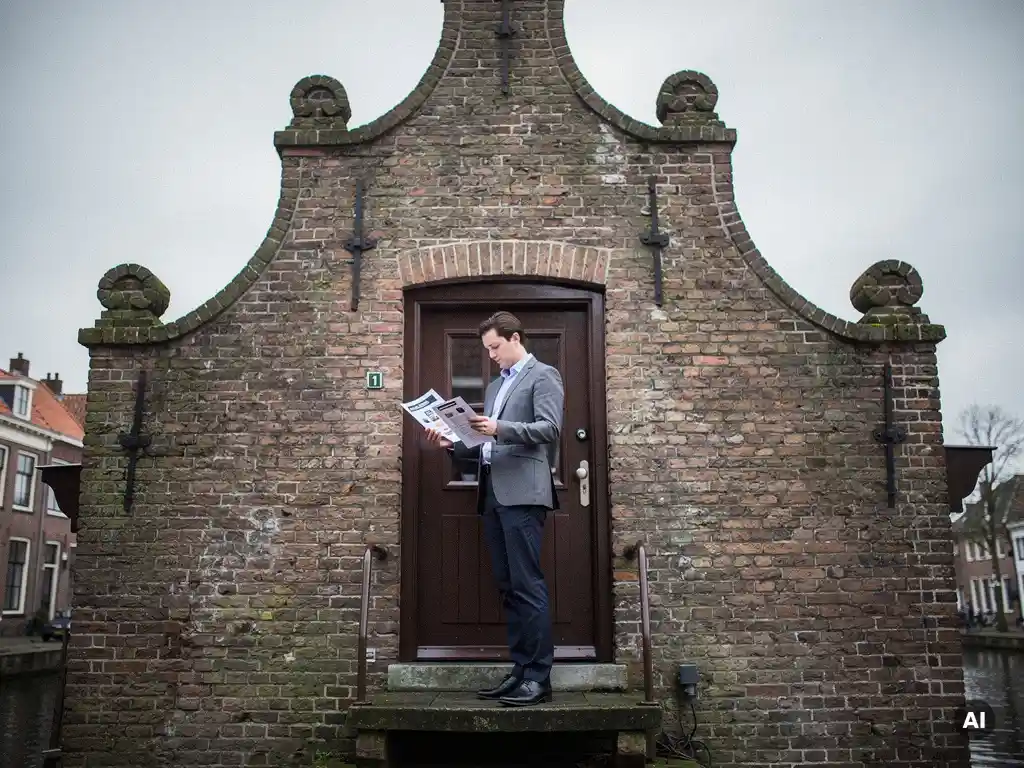 Persoon in zakelijke kleding bestudeert papieren voor een 17e-eeuws grachtenpand met trapgevel in Gouda.