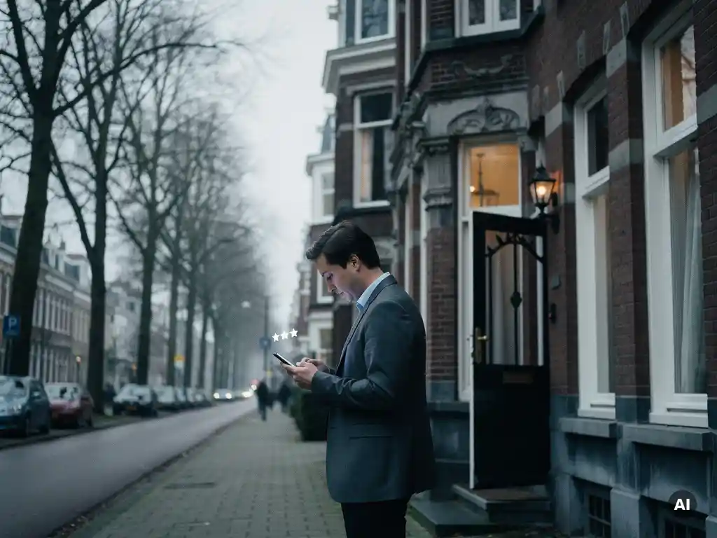 Persoon in casual zakelijke kleding bij de voordeur van een vooroorlogs herenhuis in Rotterdam Kralingen, smartphone met sterrenbeoordeling in hand.