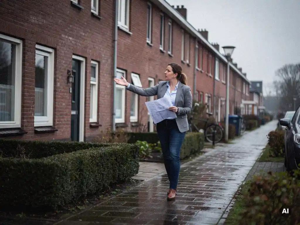 Makelaar in nette vrijetijdskleding wijst naar een rij rode bakstenen rijtjeshuizen in Bodegraven op bewolkte dag.