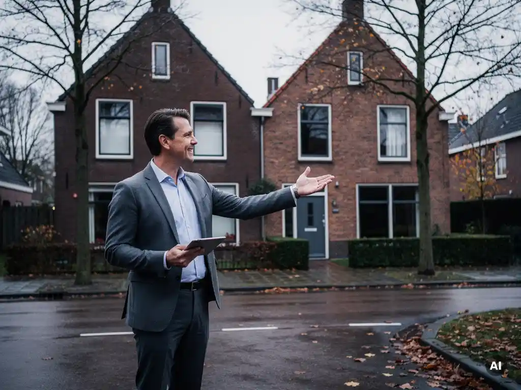 Makelaar in casual zakelijke kleding wijst naar twee contrasterende bakstenen rijtjeshuizen op een straathoek in Bodegraven.