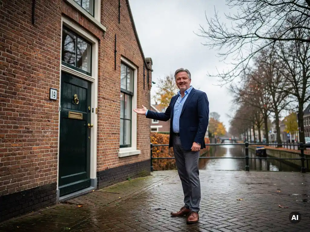 Makelaar in casual zakelijke kleding wijst naar een klassiek rood bakstenen trapgevelgrachtenpand in Bodegraven op een smalle kinderkopjestoep.
