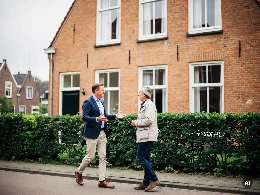 Makelaar en klant in gesprek voor een rood bakstenen grachtenpand in Bodegraven, bewolkt Nederlands daglicht.