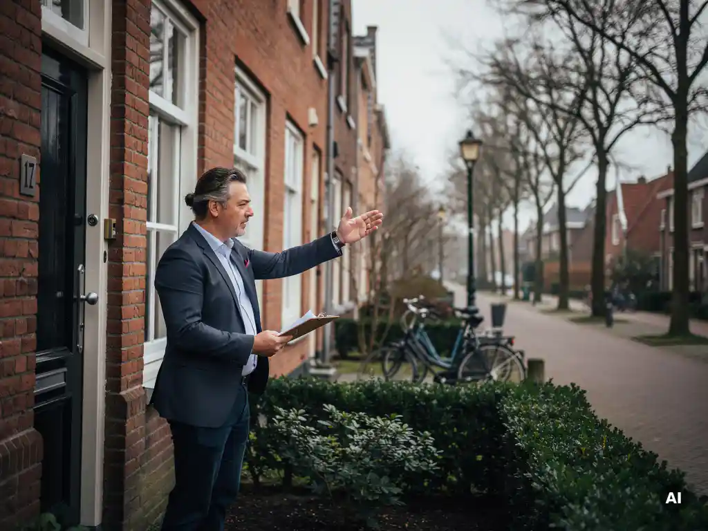 Makelaar in casual zakelijke kleding bij de voordeur van een rood-bakstenen rijtjeshuis in Bodegraven, wijzend naar de gevel met klembord.