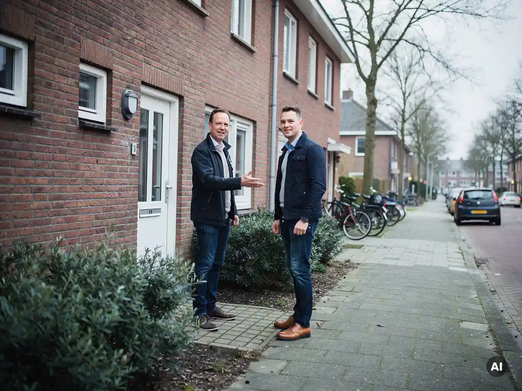 Nederlandse makelaar wijst naar de gevel van een bakstenen rijtjeswoning in Bodegraven, fietsen en kale bomen op de achtergrond.