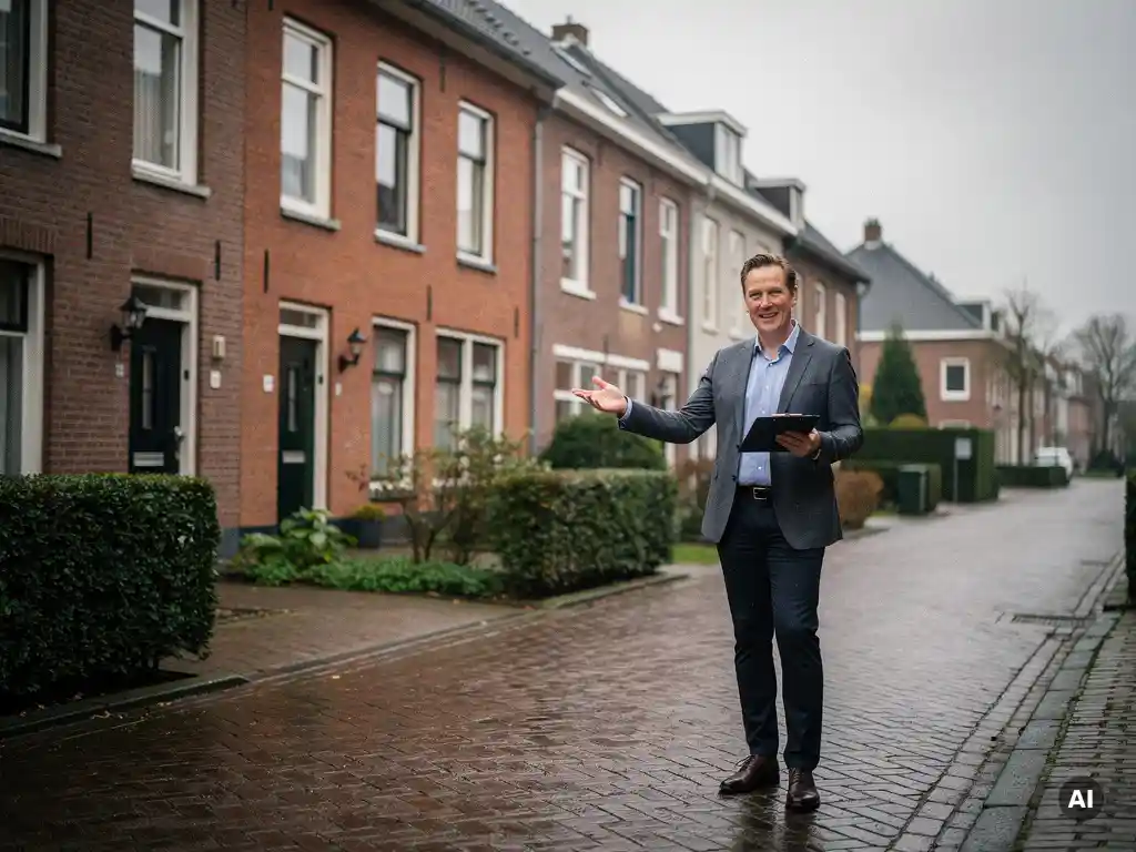 Makelaar in zakelijke kleding wijst naar twee rijtjeswoningen op een bakstenen straat in Bodegraven, bewolkte lucht en natte bestrating.