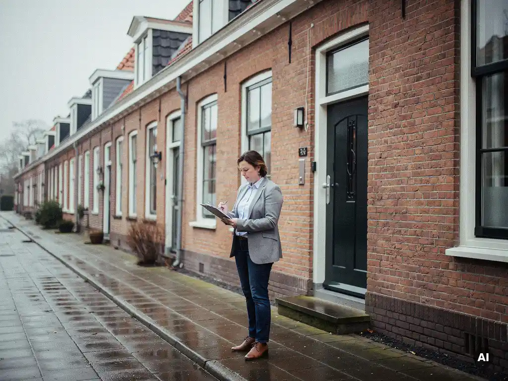 Makelaar met klembord bij de ingang van een rood bakstenen rijtjeshuis in Bodegraven, bewolkt daglicht, natte bestrating.