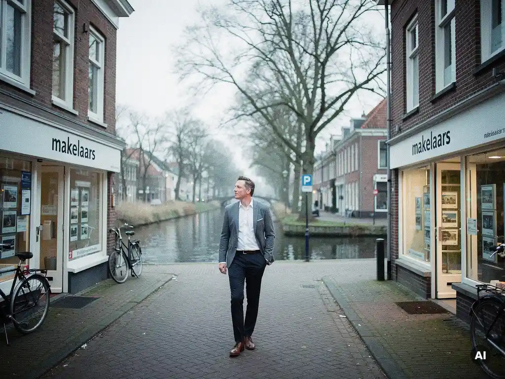 Makelaar in casual zakelijke kleding loopt langs twee bakstenen makelaarskantoren aan een smalle Bodegravense gracht onder bewolkte lucht.