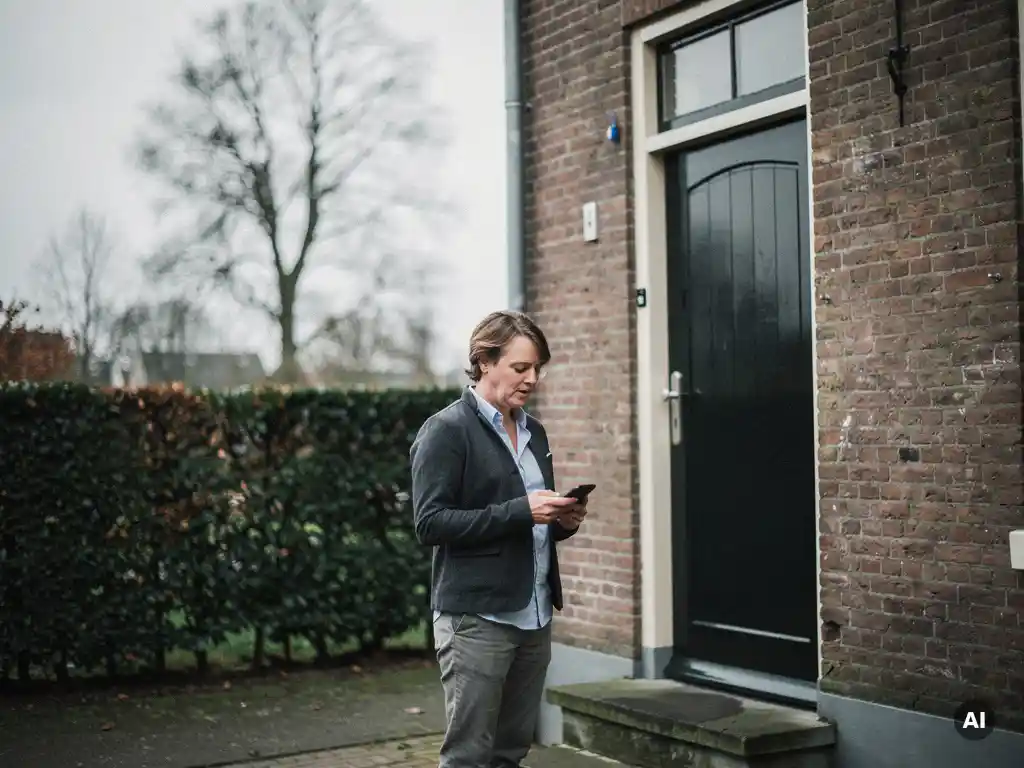 Makelaar in casual zakelijke kleding voor een bakstenen rijtjeshuis in Bodegraven, kijkt op smartphone onder bewolkte Nederlandse lucht.