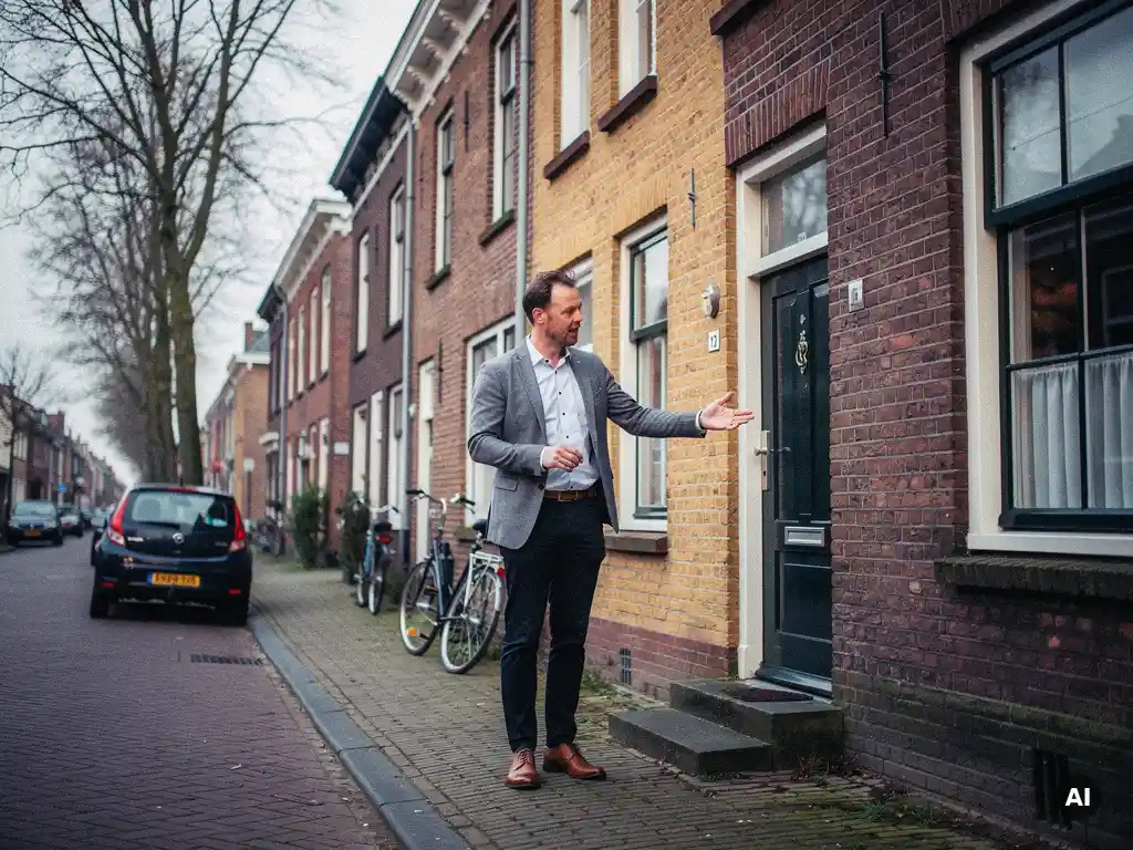 Makelaar in casual zakelijke kleding bij een traditionele roodstenen gevel in Bodegraven, wijzend naar de voordeur.