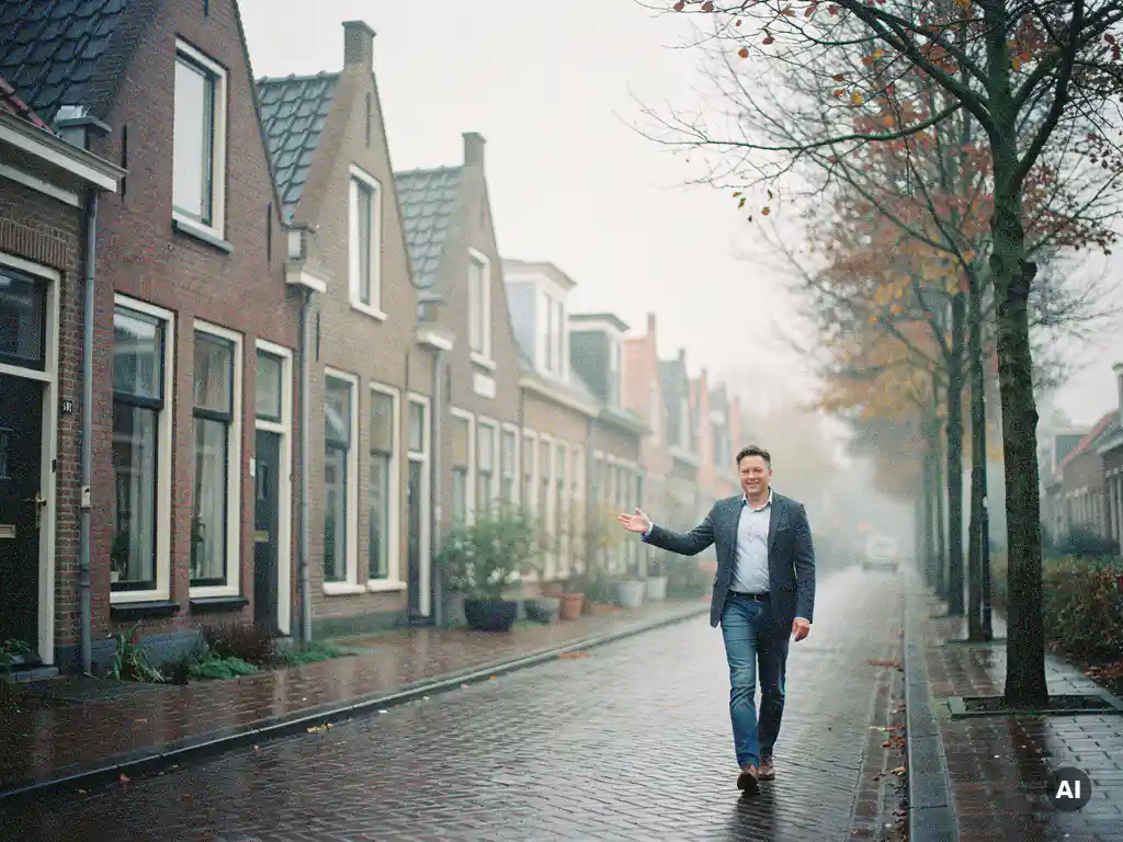 Makelaar in vrijetijdskleding wijst naar traditionele Nederlandse bakstenen gevels in een rustige woonstraat in Bodegraven, herfst.