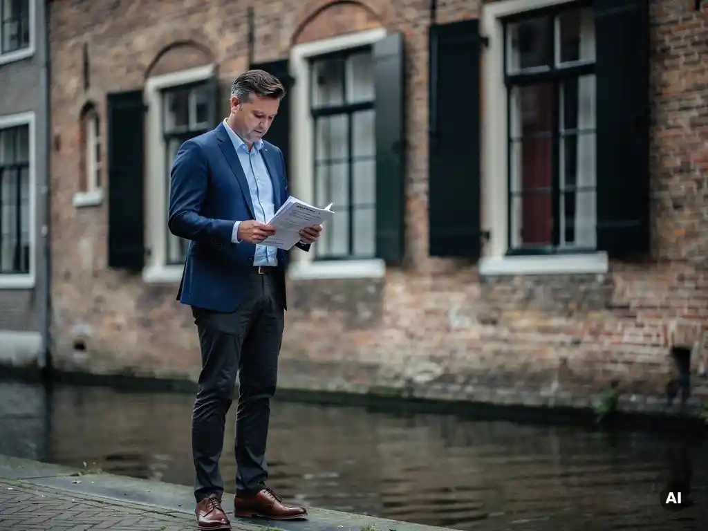 Makelaar bestudeert certificeringsdocumenten voor een historisch Gouds grachtenpand met trapgevel en rode bakstenen gevel.