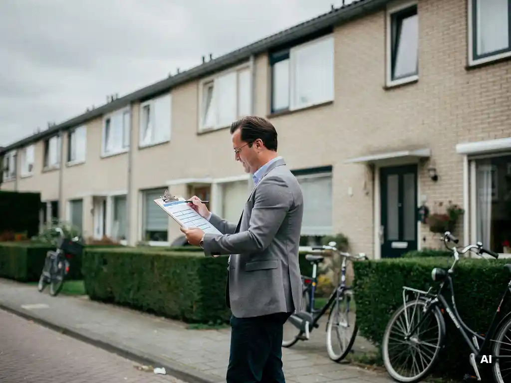 Makelaar bekijkt checklist op klembord op een woonstraat in Waddinxveen met jaren-70 bakstenen rijtjeshuizen.