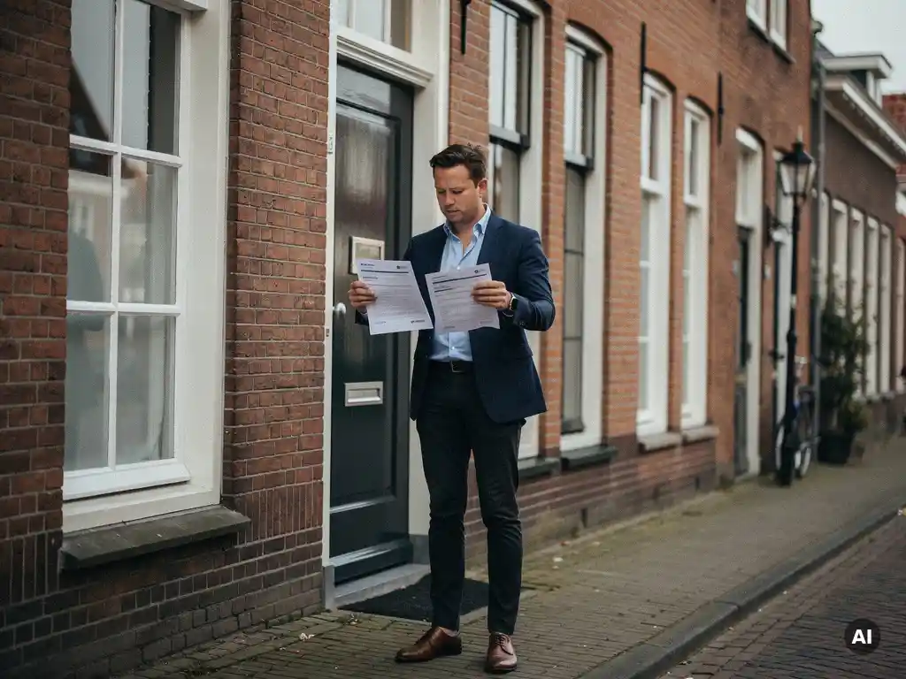 Makelaar vergelijkt twee contractdocumenten bij de voordeur van een rood-bakstenen rijtjeshuis in Bodegraven.