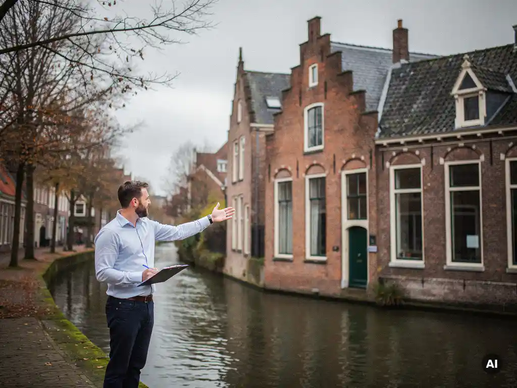 Makelaar met klembord aan Goudse gracht, wijzend naar 17e-eeuws trapgevelhuis onder bewolkte Nederlandse lucht.