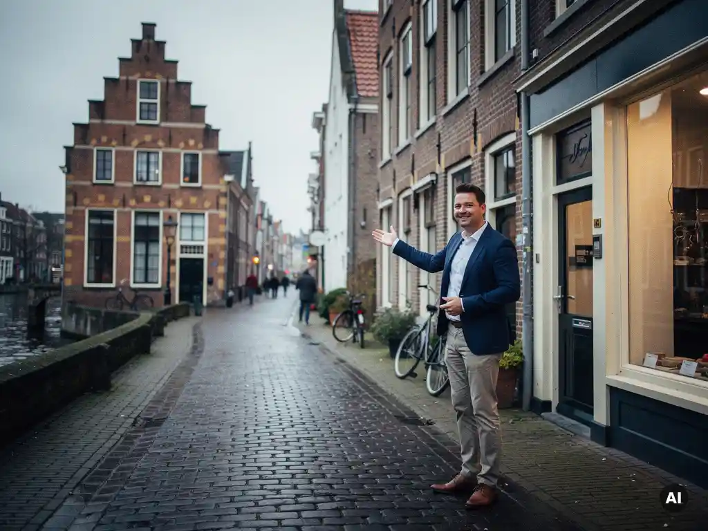 Makelaar in casual kleding wijst naar een 17e-eeuws trapgevelhuis langs een Gouds kanaal, met een winkelgevel naast zich.