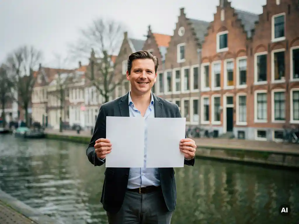 Makelaar vergelijkt twee woningbrochures aan een Gouds gracht, met 17e-eeuwse trapgevels en kale bomen op de achtergrond.