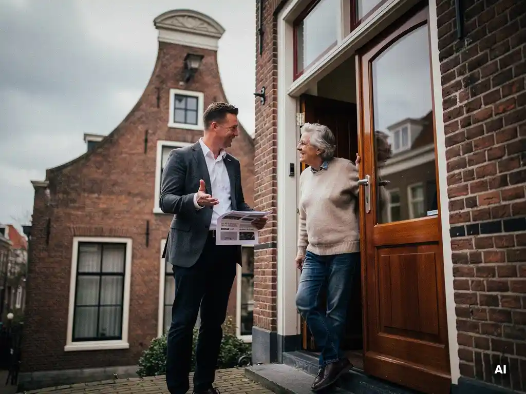 Makelaar bespreekt beoordelingsformulier met huiseigenaar bij trapgevel in Gouda, rode bakstenen gevel op achtergrond.