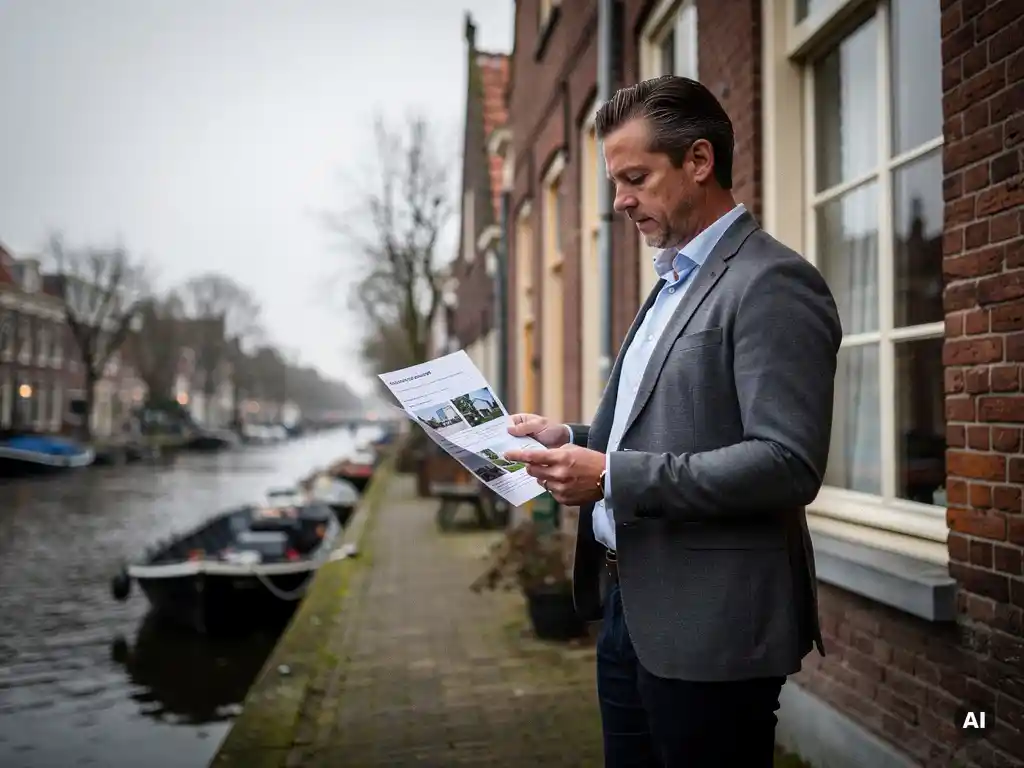 Nederlandse makelaar in casual zakelijke kleding vergelijkt taxatiedocumenten naast een rood bakstenen Goudse grachtenpand.