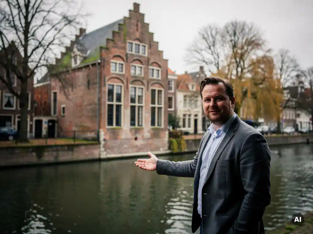 Makelaar in casual zakelijke kleding wijst naar een 17e-eeuwse trapgevel aan een Goudse gracht in de herfst.