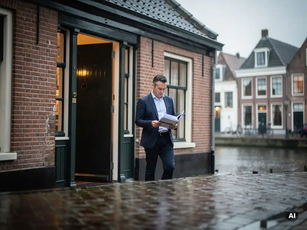Makelaar bekijkt woningdocumenten bij de voordeur van een traditioneel Gouds grachtenpand met rode baksteen.