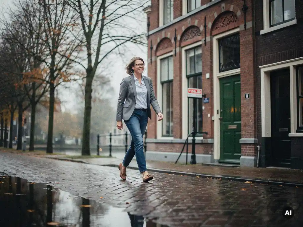 Makelaar in casual zakelijke kleding loopt langs een Goudse grachtenpand met trapgevel en verkocht-bord, natte kinderkopjes, herfst.