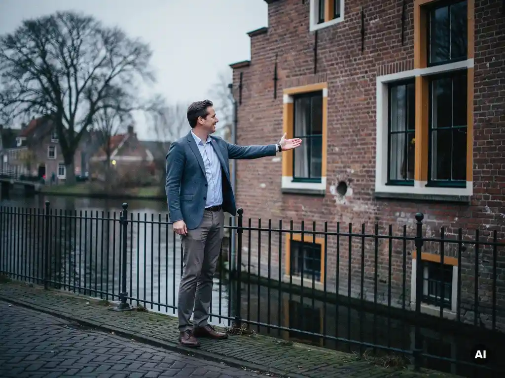 Makelaar in casual zakelijke kleding wijst naar een klassiek Gouds grachtenpand met trapgevel en rode bakstenen gevel.