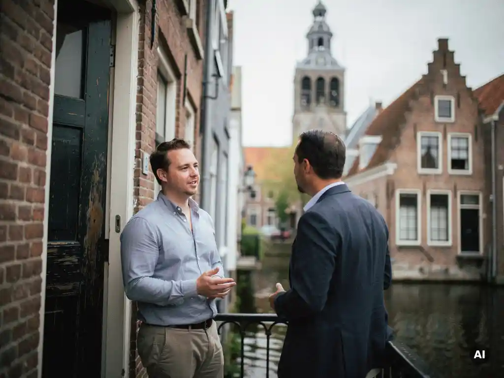 Makelaar in gesprek met klant bij deur van 17e-eeuws grachtenpand in Gouda, kerk op achtergrond.