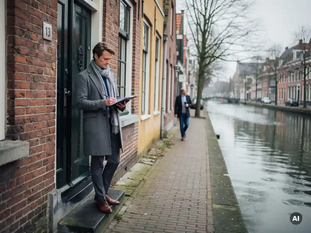 Makelaar bekijkt papieren op klembord bij de deur van een 17e-eeuws grachtenpand in Gouda, kale bomen spiegelen in het water.