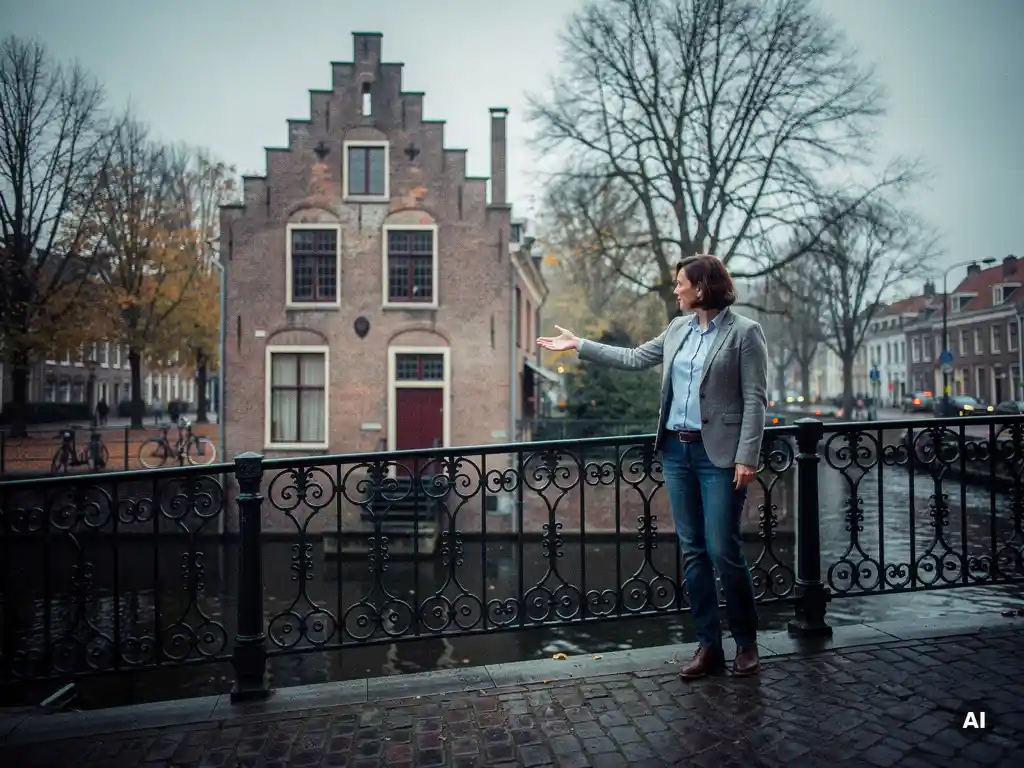 Makelaar in casual zakelijke kleding wijst naar een 17e-eeuws grachtenpand met trapgevel in het historische centrum van Gouda.