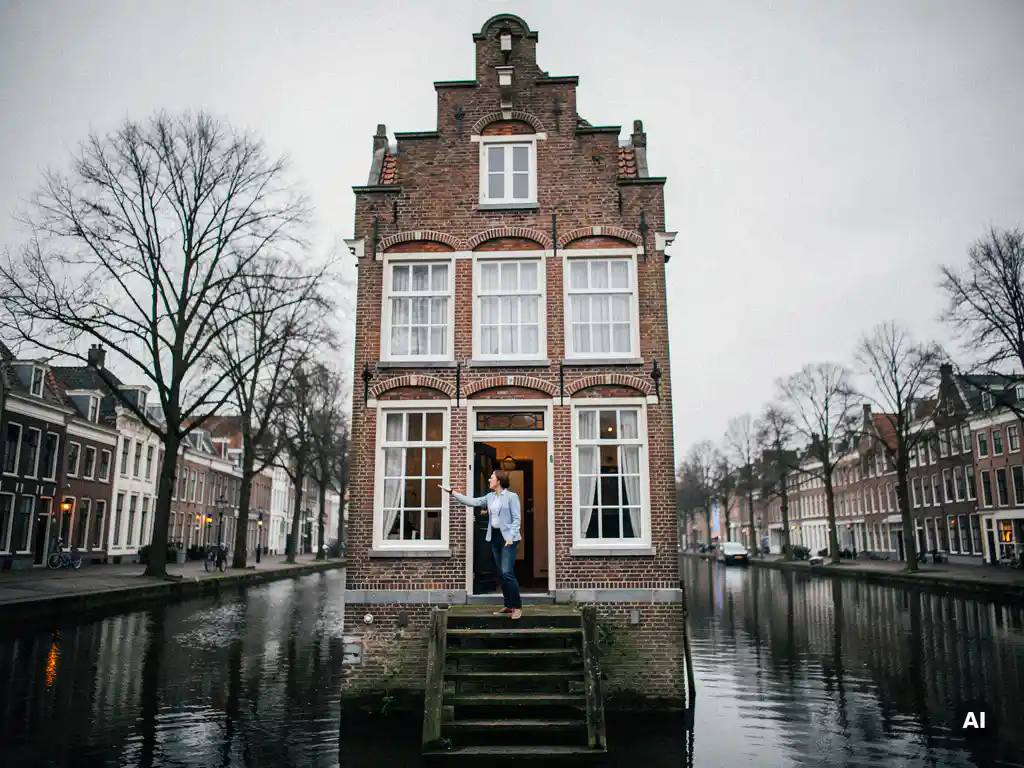 Makelaar in casual zakelijke kleding bij de voordeur van een 17e-eeuws Gouds grachtenpand met trapgevel, wijzend naar de bakstenen gevel.
