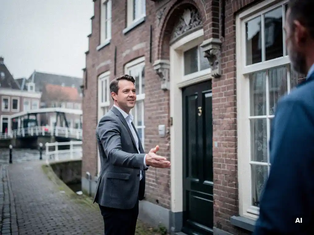 Makelaar in zakelijke kleding bij voordeur van 17e-eeuws Gouds grachtenpand met trapgevel, in gesprek met klant.