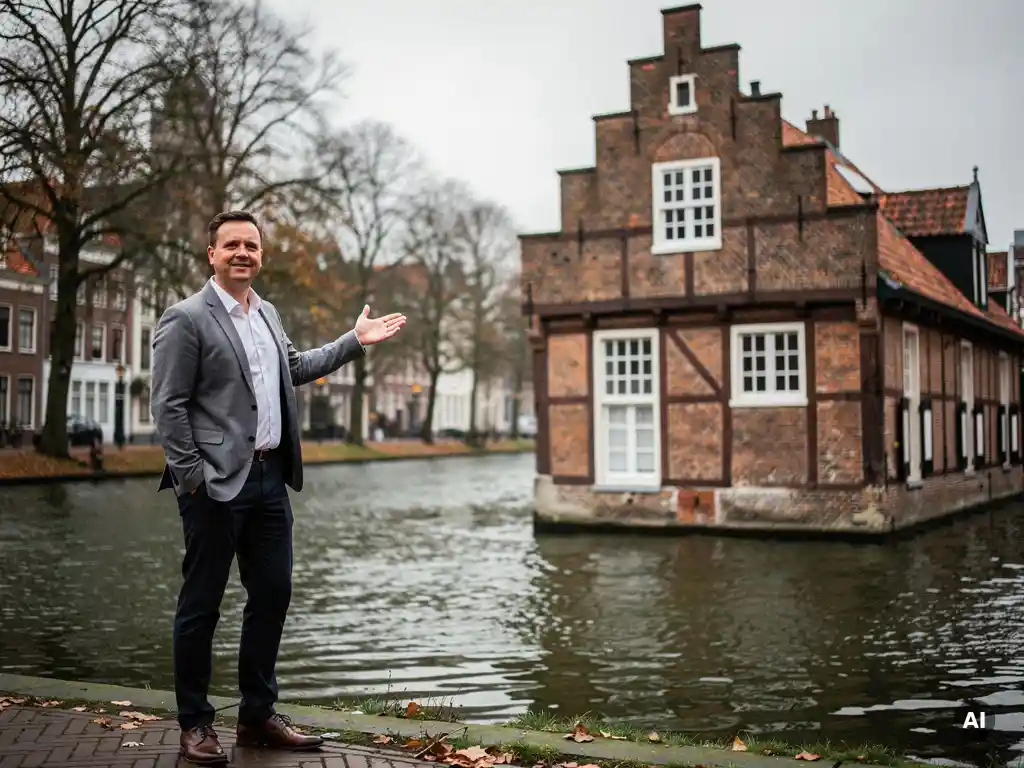 Makelaar in casual zakelijke kleding naast een 17e-eeuws grachtenpand in Gouda, wijzend naar de trapgevel langs een smalle gracht.