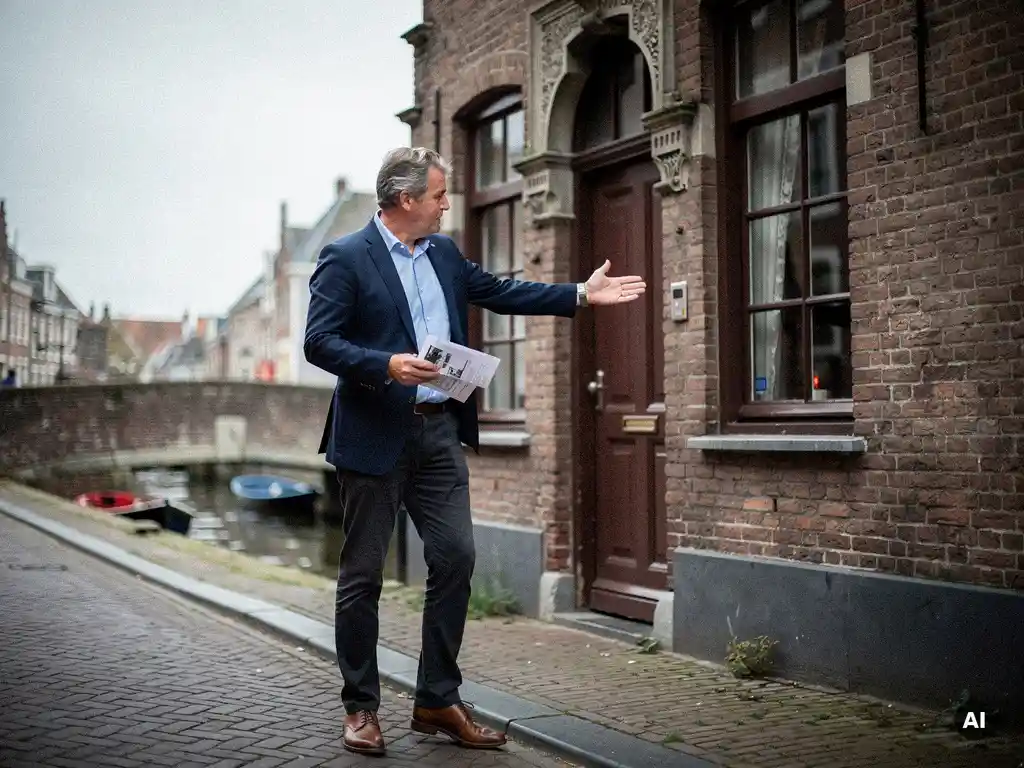 Makelaar wijst naar de trapgevel van een 17e-eeuws grachtenpand in Gouda terwijl hij documenten bekijkt.