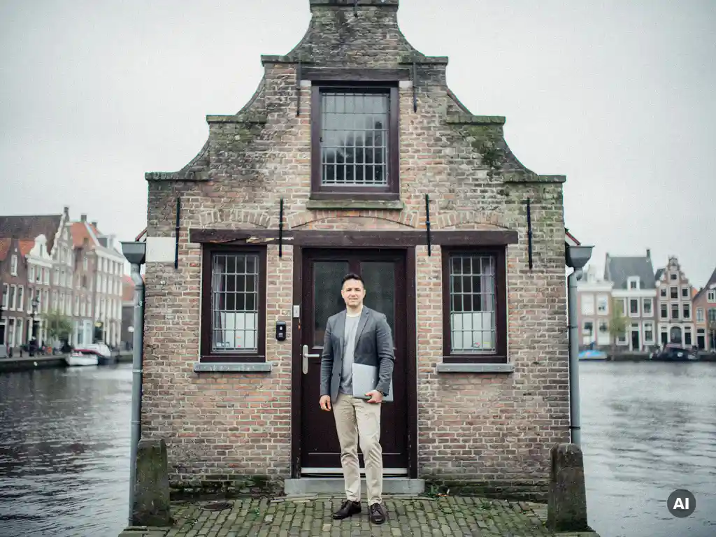 Makelaar in casual zakelijke kleding bij de voordeur van een 17e-eeuws Gouds grachtenpand met trapgevel en kinderkopjes.