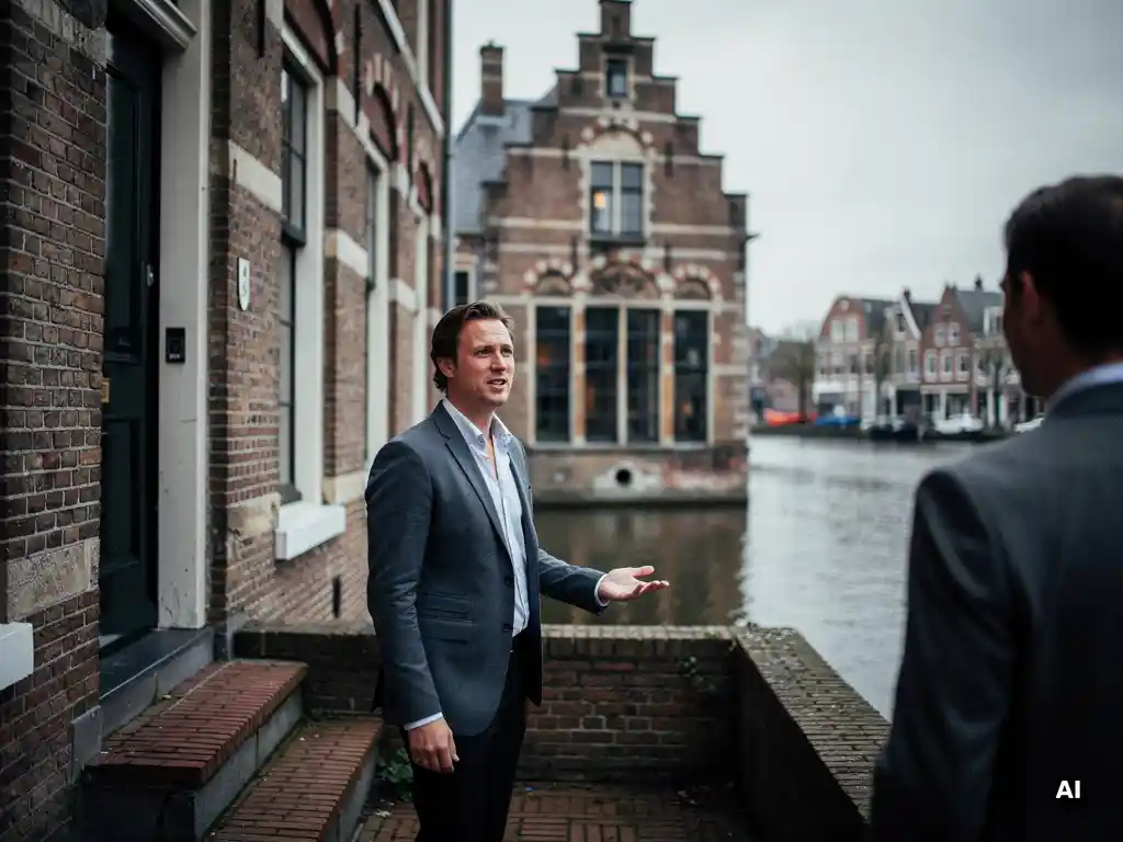 Makelaar in casual zakelijke kleding bij ingang van 17e-eeuws Gouds grachtenpand met trapgevel, wijzend naar de rode bakstenen gevel.