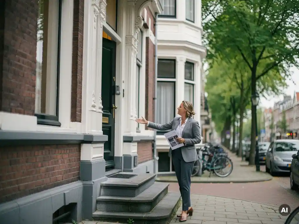 Makelaar met document bij voordeur van vooroorlogs herenhuis met erkers aan laan in Rotterdam Kralingen.