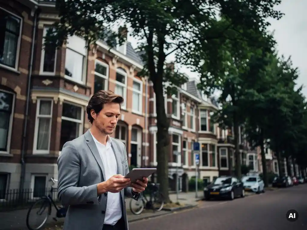 Makelaar met tablet bij ingang van vooroorlogs herenhuis met erkers aan een laan in Rotterdam Kralingen.