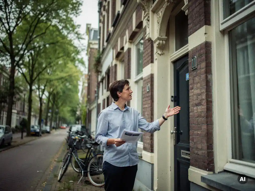 Makelaar met document bij de voordeur van een vooroorlogs herenhuis in Rotterdam Kralingen, met zichtbare bakstenen gevel en bomenrij.