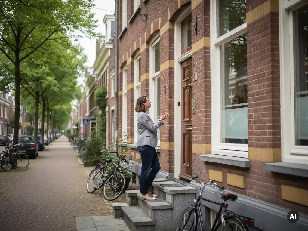 Makelaar in casual businesskleding wijst naar de bakstenen gevel van een vooroorlogs herenhuis in Rotterdam Kralingen, met een laan op de achtergrond.