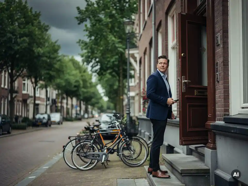 Makelaar in casual zakelijke kleding bij ingang van vooroorlogs herenhuis aan brede laan in Rotterdam Kralingen.