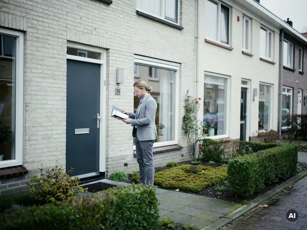 Makelaar in casual zakelijke kleding bekijkt documenten bij de voordeur van een lichtbakstenen rijtjeshuis in Waddinxveen.