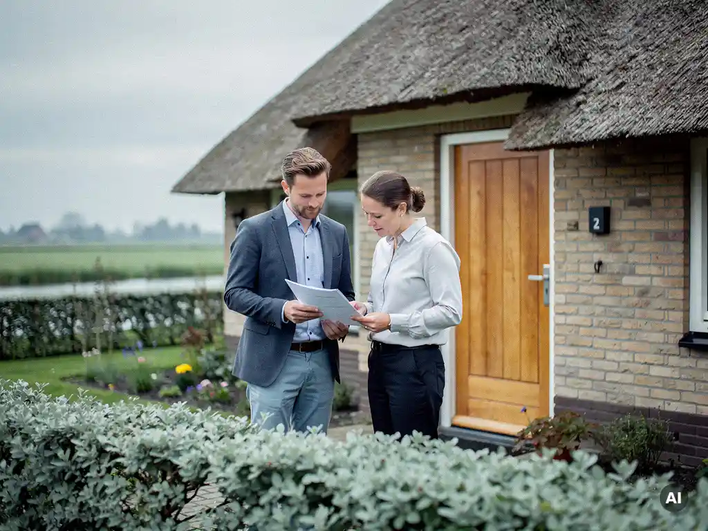 Makelaar en hypotheekadviseur bekijken documenten bij de rieten voordeur van een Reeuwijk woning onder bewolkte polderluchten.