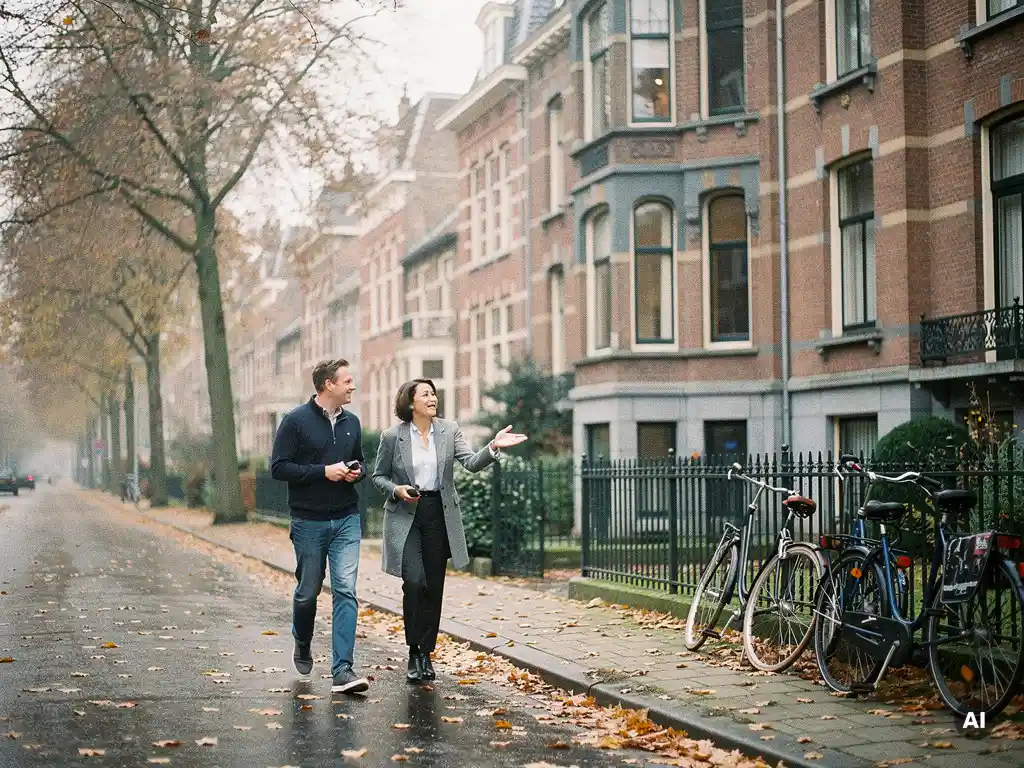 Makelaar en koper wandelen langs een vooroorlogs herenhuis met bakstenen erkers op een laan in Rotterdam Kralingen, herfstbladeren op nat plaveisel.