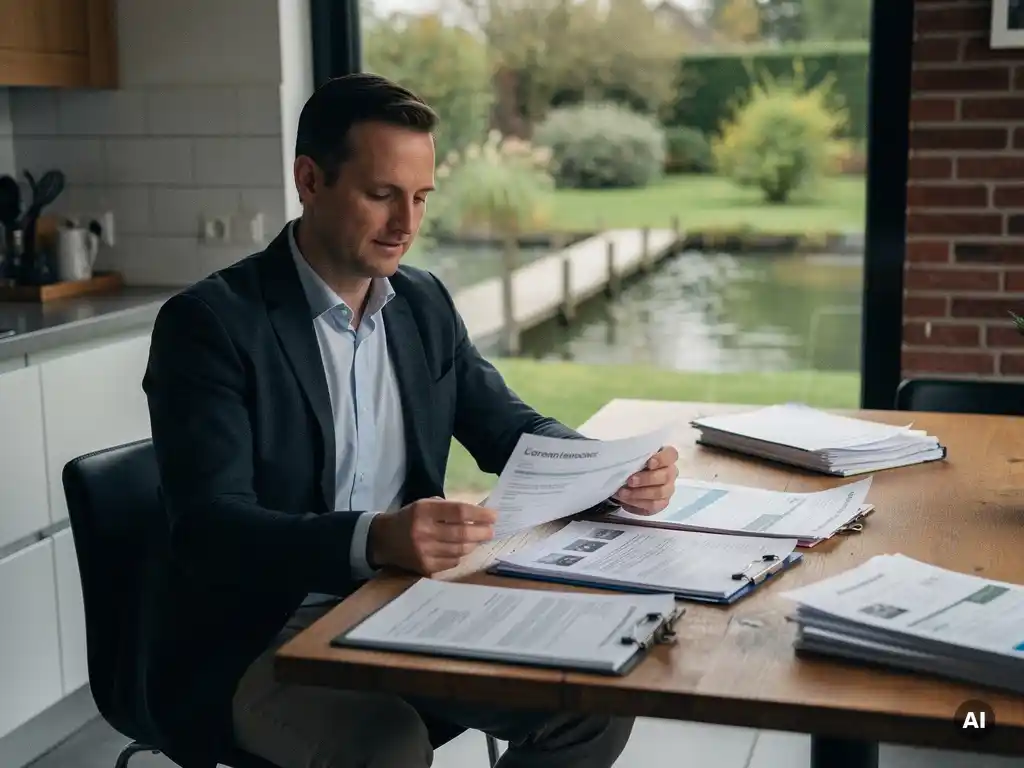 Makelaar bekijkt kostendocumenten aan keukentafel in vrijstaande woning in Reeuwijk, tuin met houten steiger zichtbaar op achtergrond.