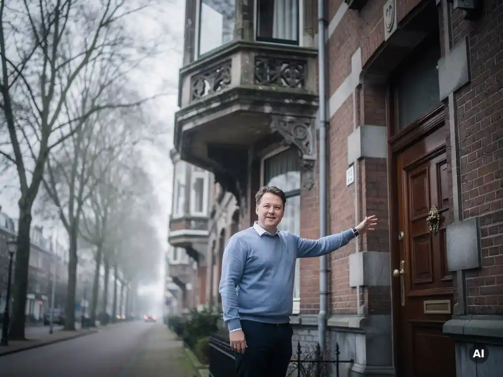 Rotterdamse makelaar in casual zakelijke kleding bij de ingang van een vooroorlogs herenhuis met erker in Kralingen.