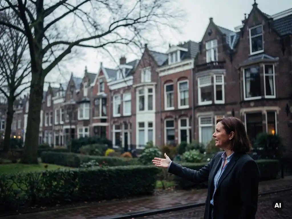 Makelaar in zakelijke kleding wijst naar vooroorlogse herenhuizen met erkers en bakstenen gevels aan een brede laan in Rotterdam Kralingen.