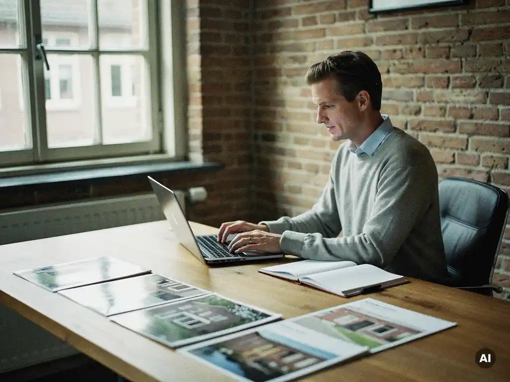 Makelaar in zakelijke kleding bekijkt laptop aan houten bureau in Nederlands bakstenen kantoor, omringd door woningbrochures en notitieboek.
