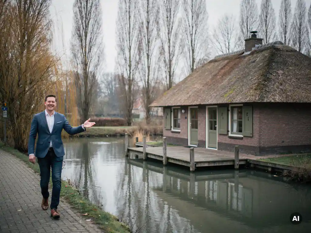 Makelaar in casual kleding wijst naar vrijstaande woning met rieten dak en eigen steiger langs Reeuwijkse plas.